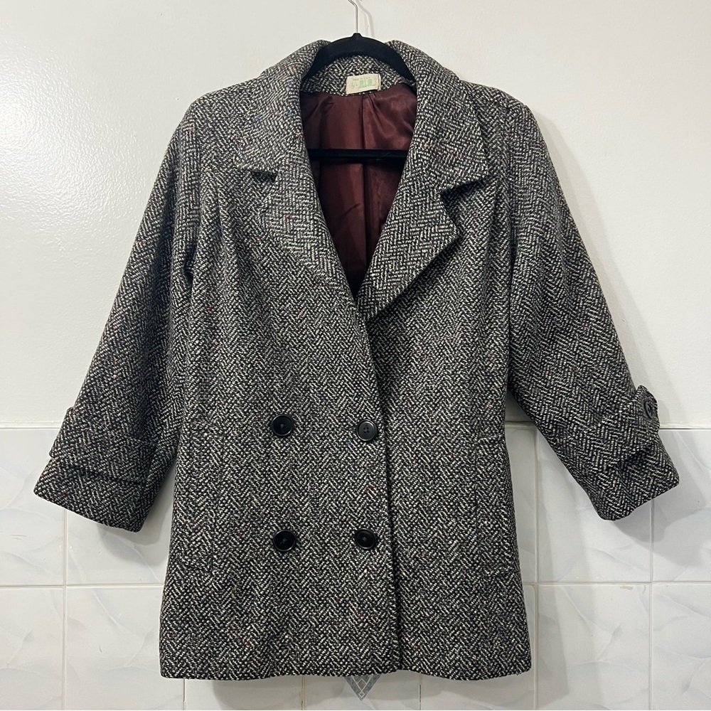 Vtg 80s 100% Wool Herringbone Pea Coat Double Breasted Womens M Academia Classic